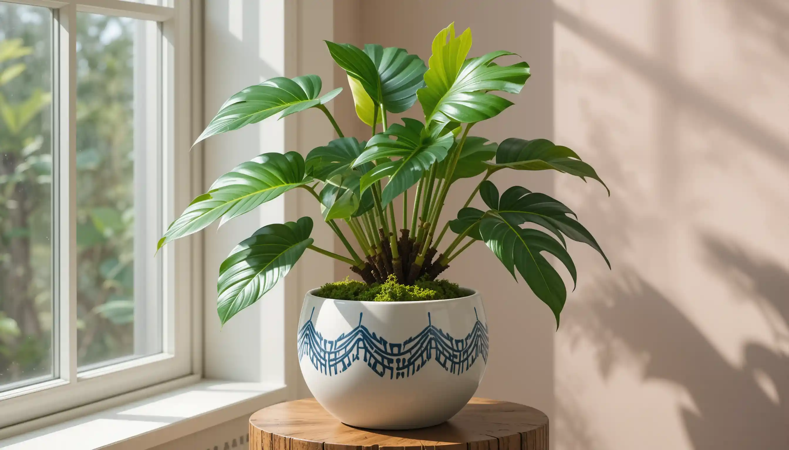 Monstera plant in ceramic pot by a sunlit window