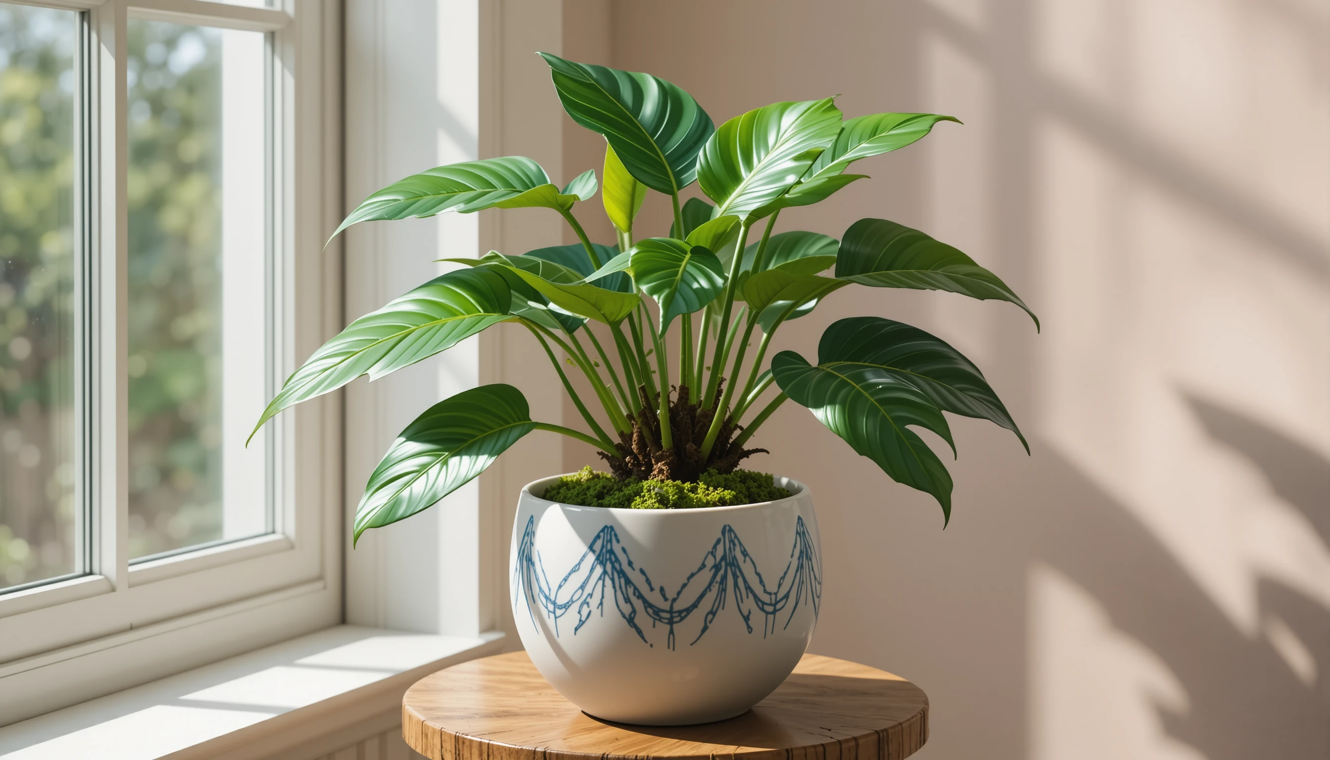 Monstera-Pflanze im Keramiktopf am sonnendurchfluteten Fenster