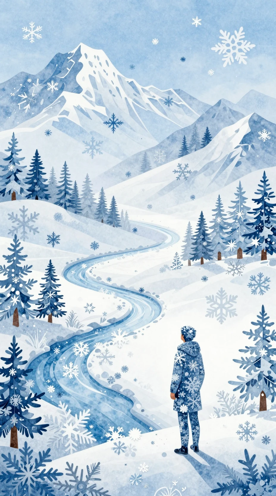 Paesaggio Panoramico di Fiocchi di Neve con Solitaria Figura di Cristallo