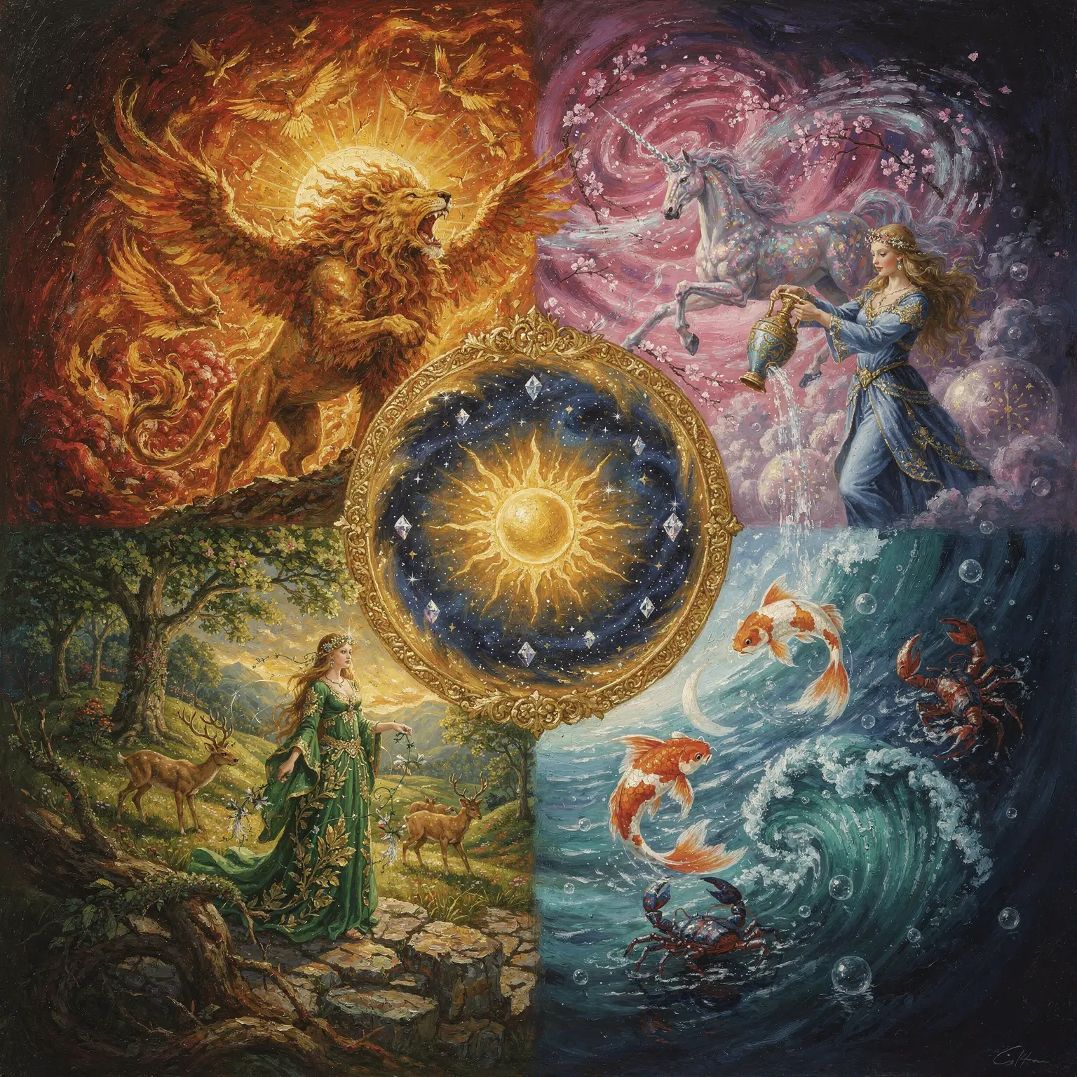Tableau à l’huile de roue élémentaire avec portail cosmique radieux