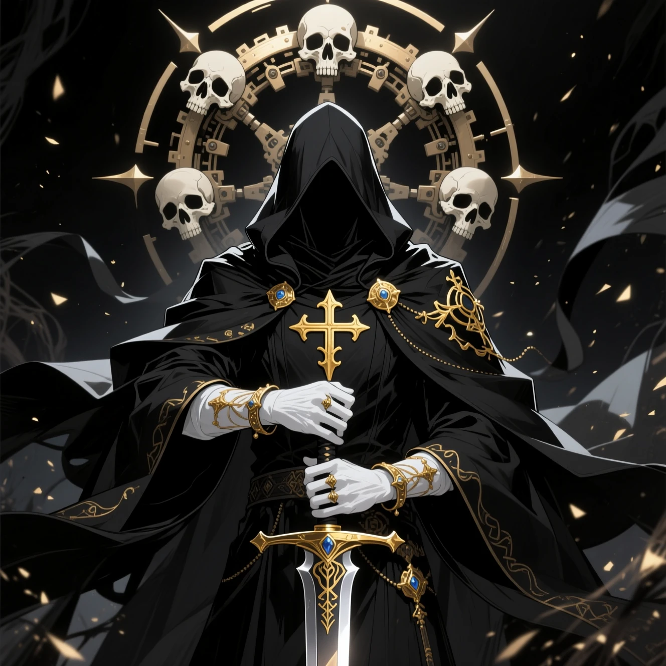 Vermummte Dark-Fantasy-Gestalt mit Schwert und mechanischem Heiligenschein