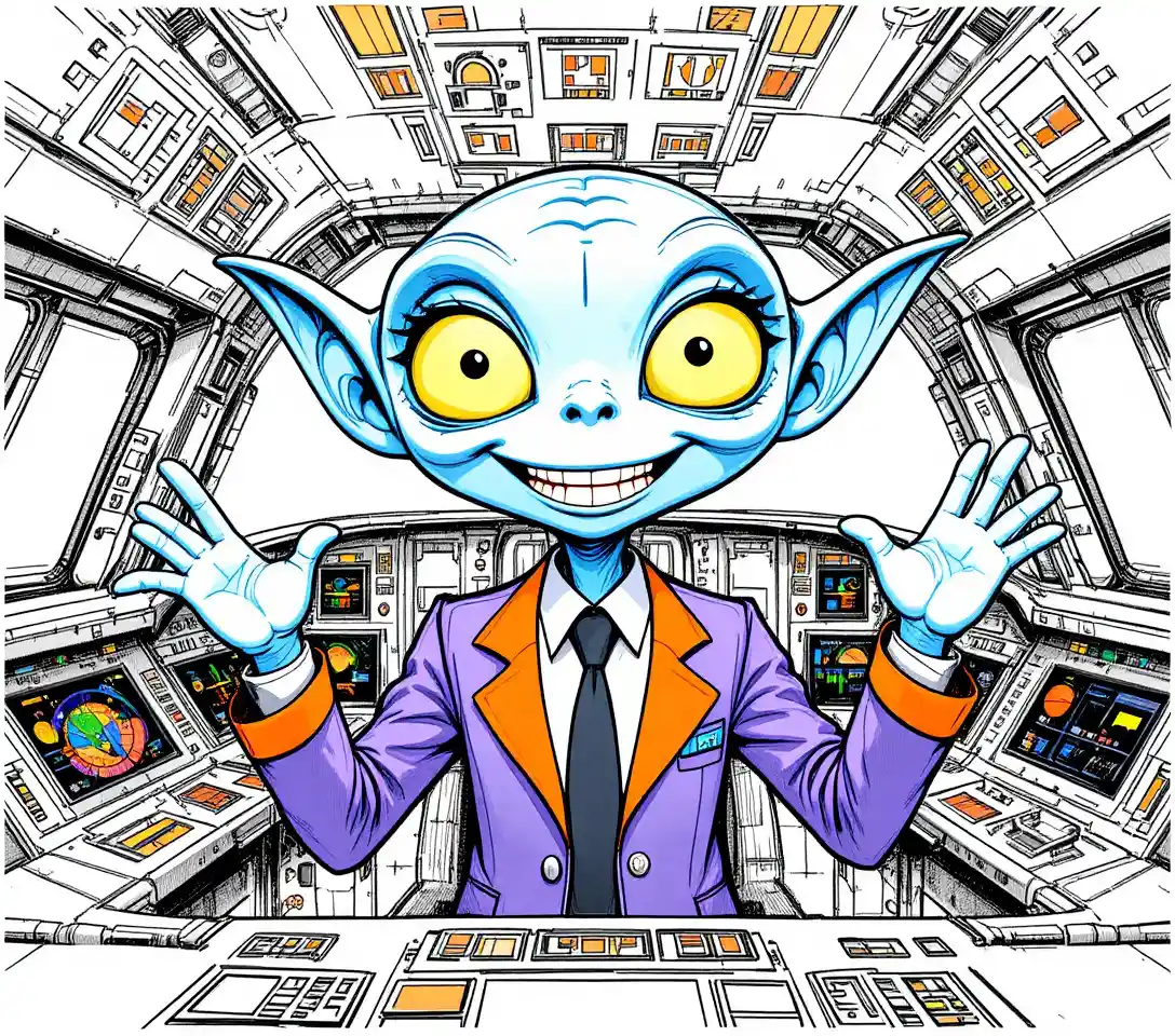 Amichevole capitano alieno blu in una cabina di astronave luminosa