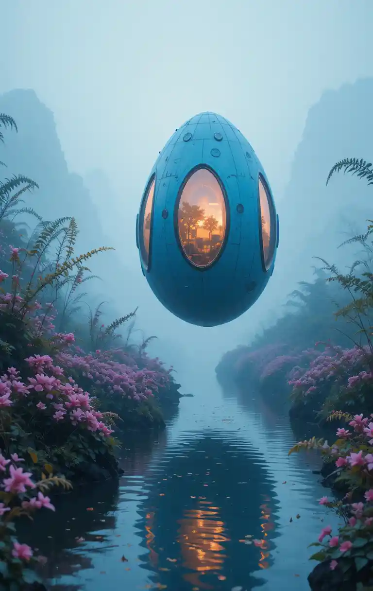 Futuristic Blue Egg House Floating Above Misty River