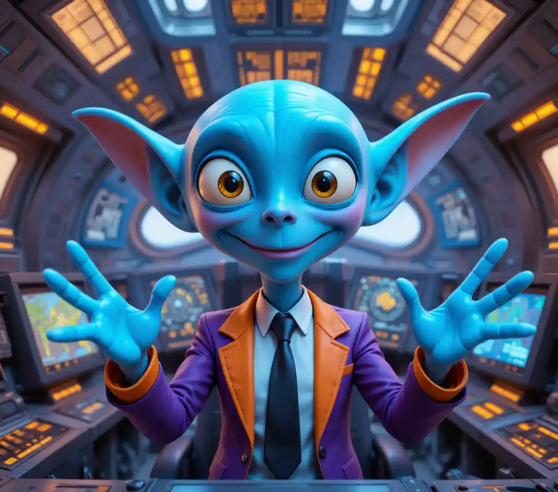 Alegre piloto alienígena azul sonriendo dentro de una cabina brillante