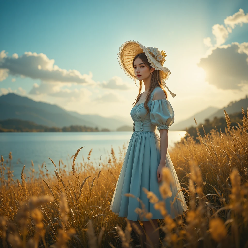 藍色洋裝的年輕女子站在金色湖畔