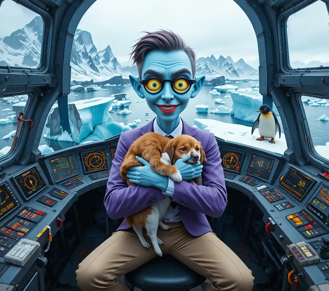 Pilote alien bleu joyeux dans le cockpit lumineux d’un vaisseau spatial