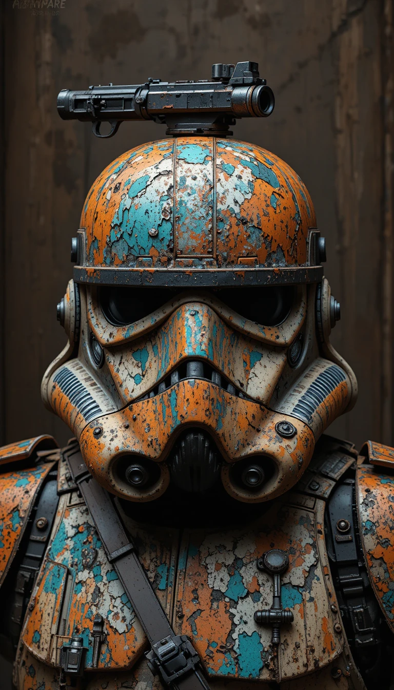 Casque de science‑fiction usé avec blaster sur fond sombre