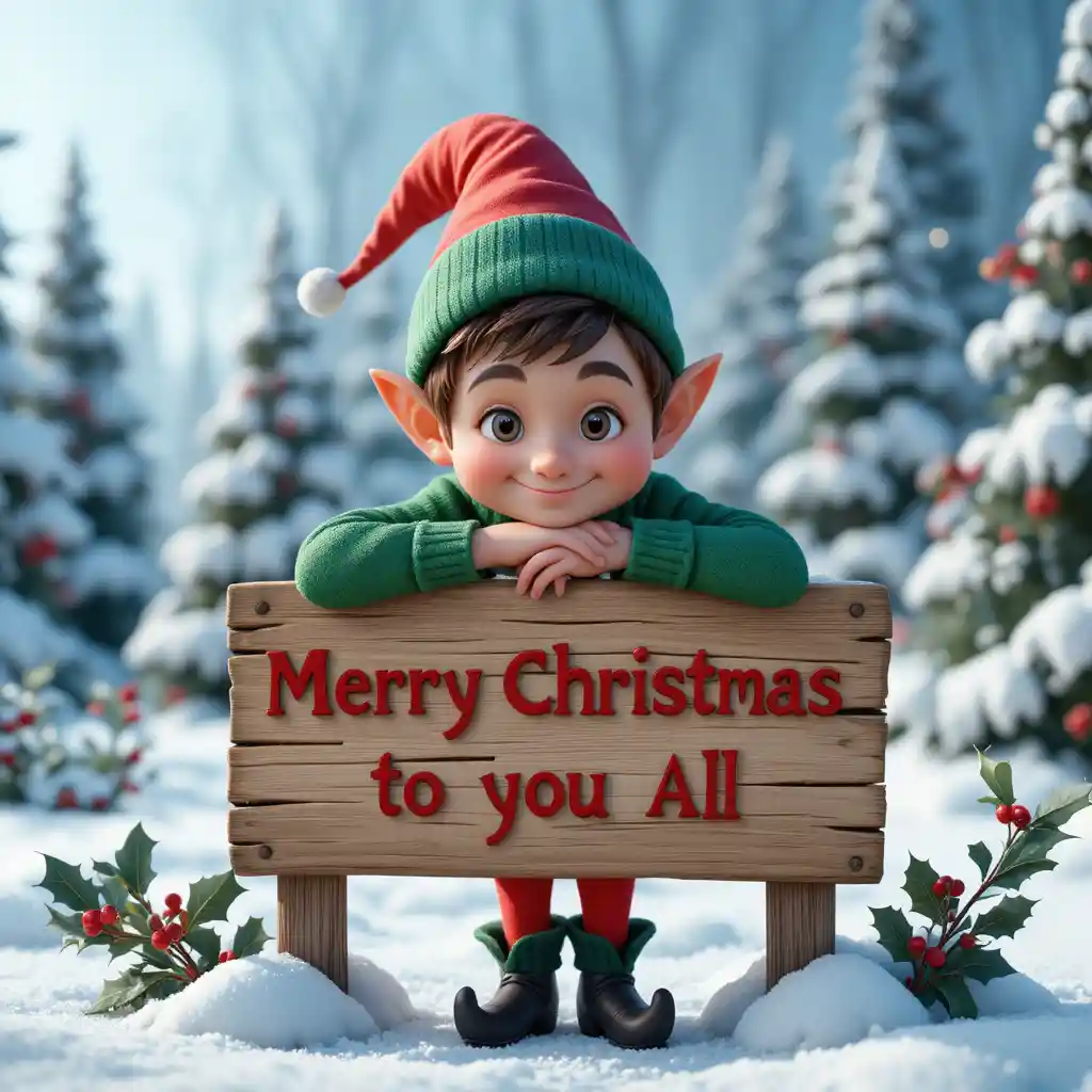 Mischievous Christmas elf behind a wooden holiday sign