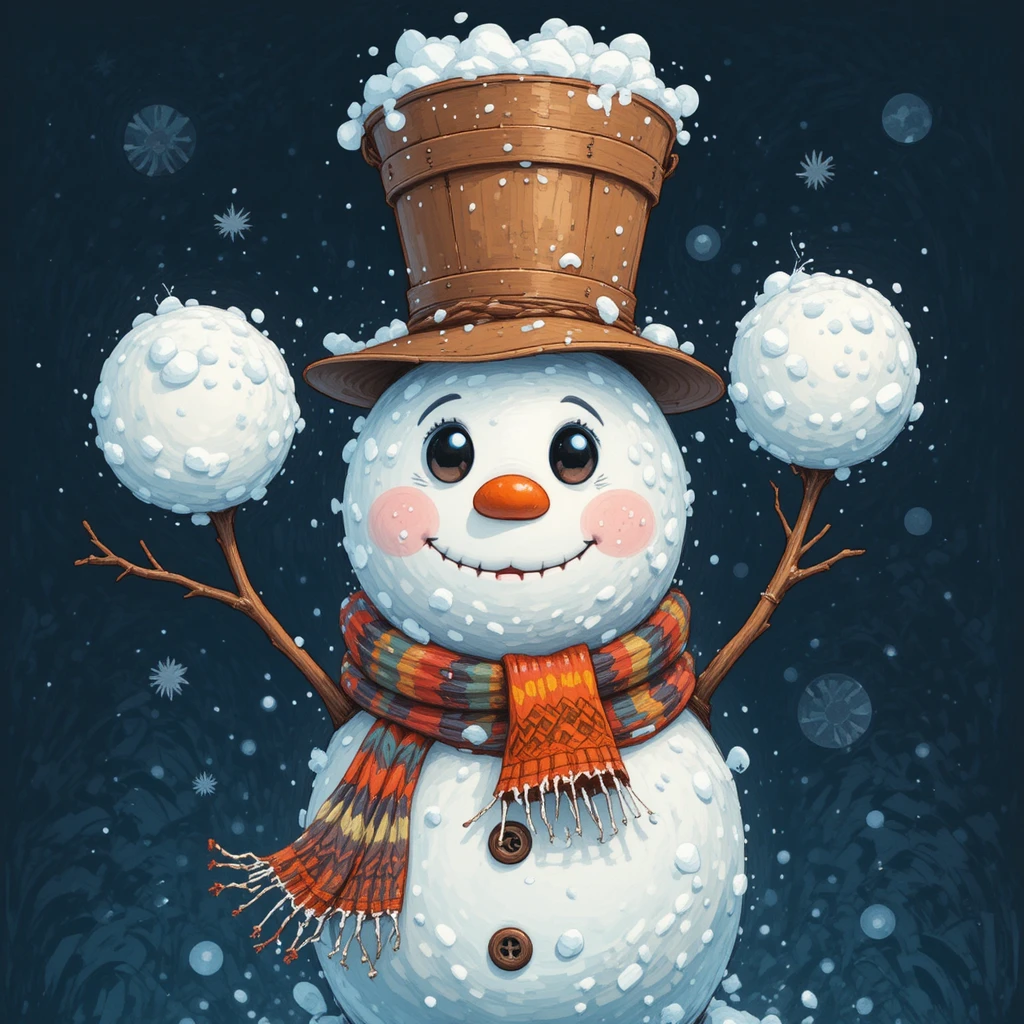 Bonhomme de neige joyeux avec seau sur la tête et écharpe colorée