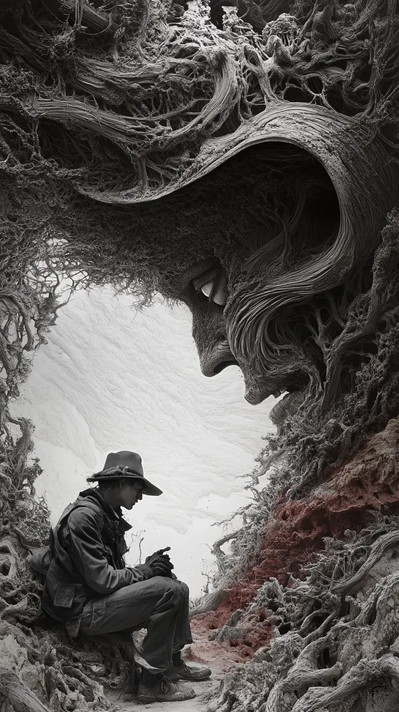 Surreal illusion scene with a sly mischievous bandit figure