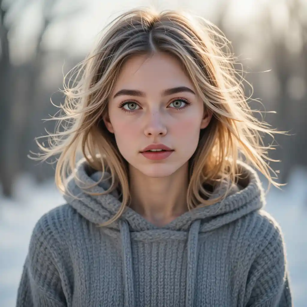 やわらかな冬の日のフーディー姿の若い女性