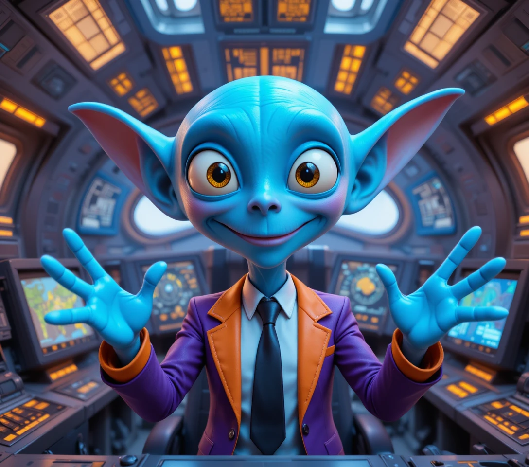 Alegre piloto alienígena azul sonriendo dentro de una cabina brillante