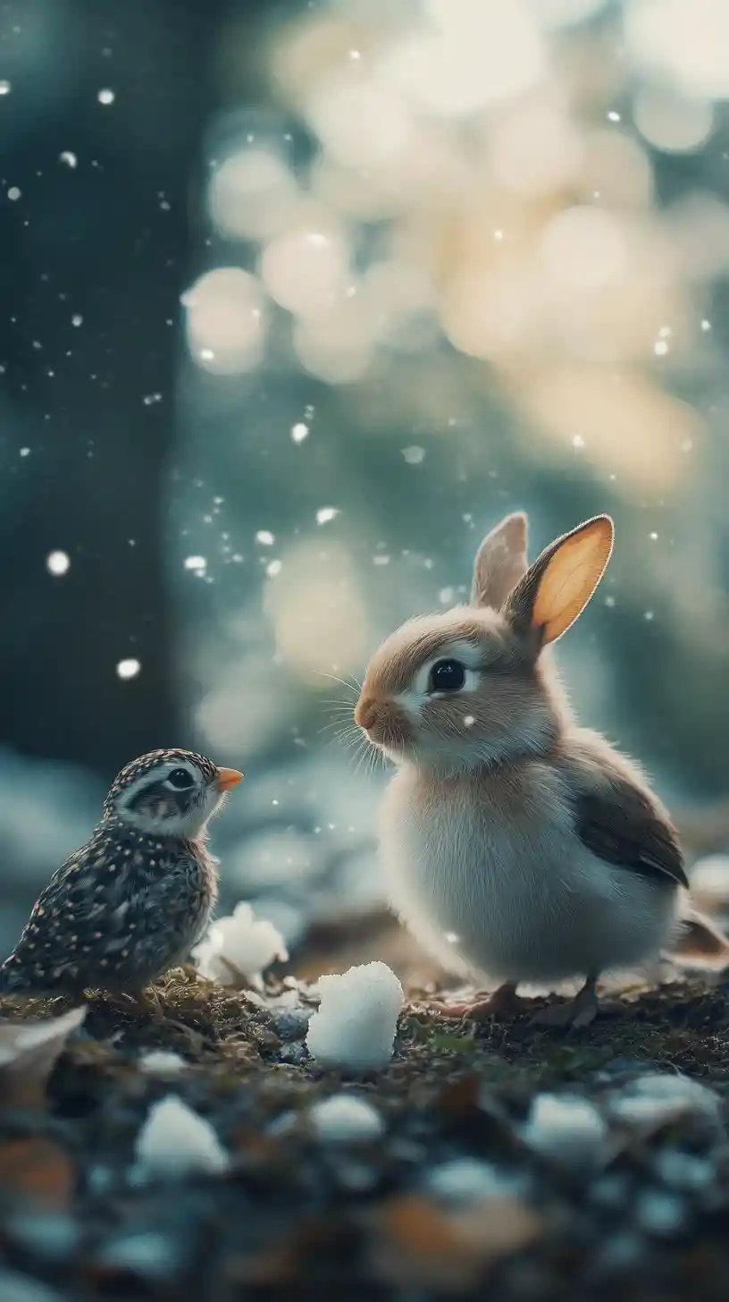 Blancanieves en un mundo nevado mágico con animales tiernos