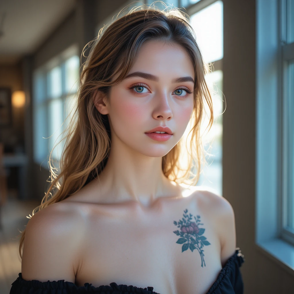 Ritratto di giovane donna calma con tatuaggio floreale sul petto