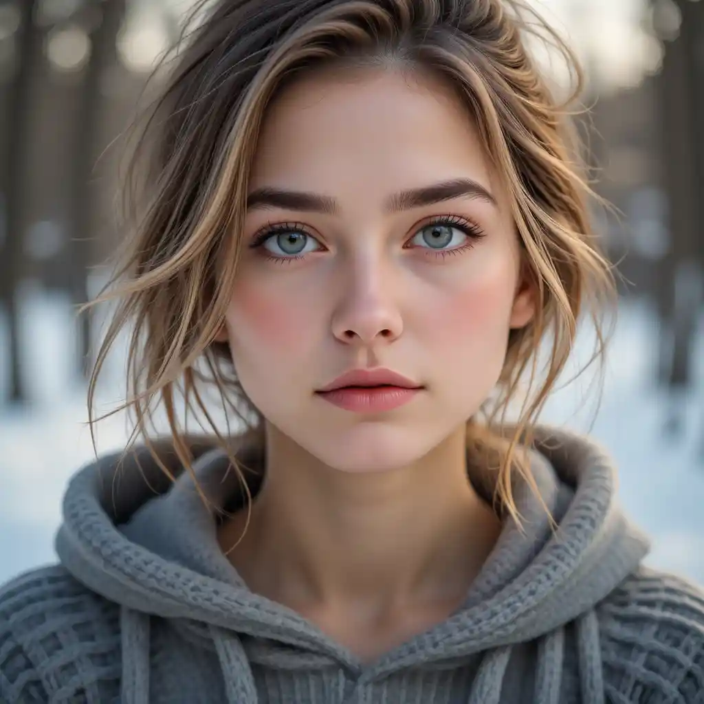 Young woman in hooded sweater on a soft winter day