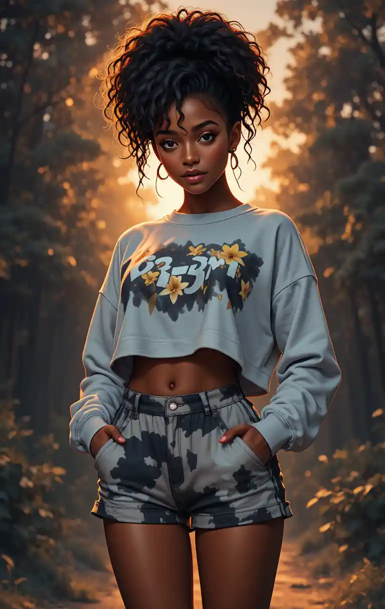 Smiling woman with curls in casual glam sunset outfit
