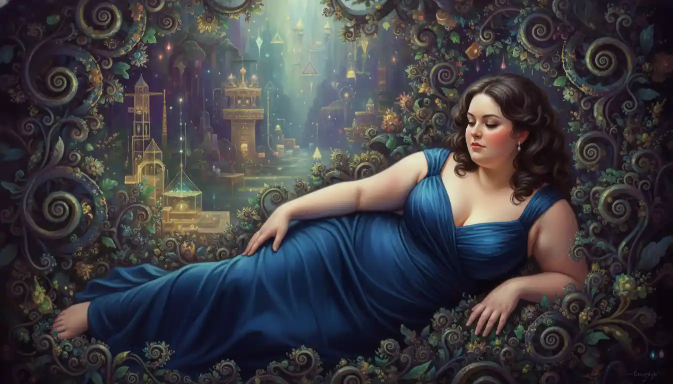 Plump Young Woman In Gown Amid Surreal Fractal Flora