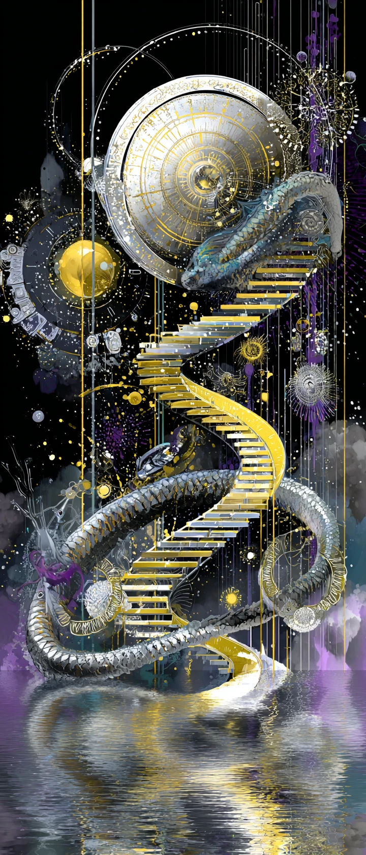 Majestosa deusa demônio sobre a água com fundo abstrato