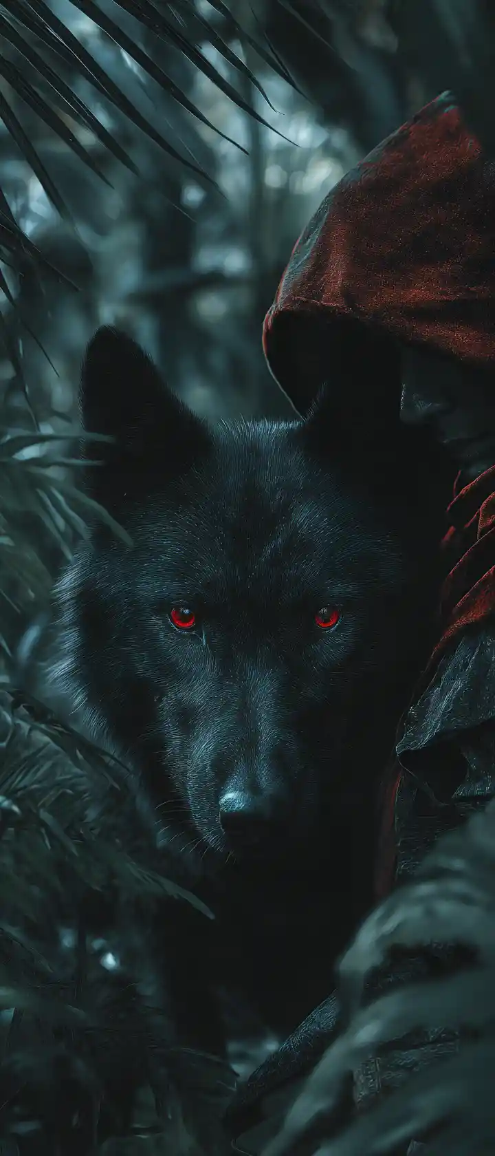 Jäger und riesiger schwarzer Wolf schleichen durch dunkle Dschungelruinen