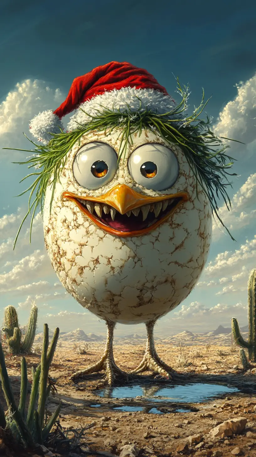 Personnage œuf d'autruche souriant dans un désert ensoleillé
