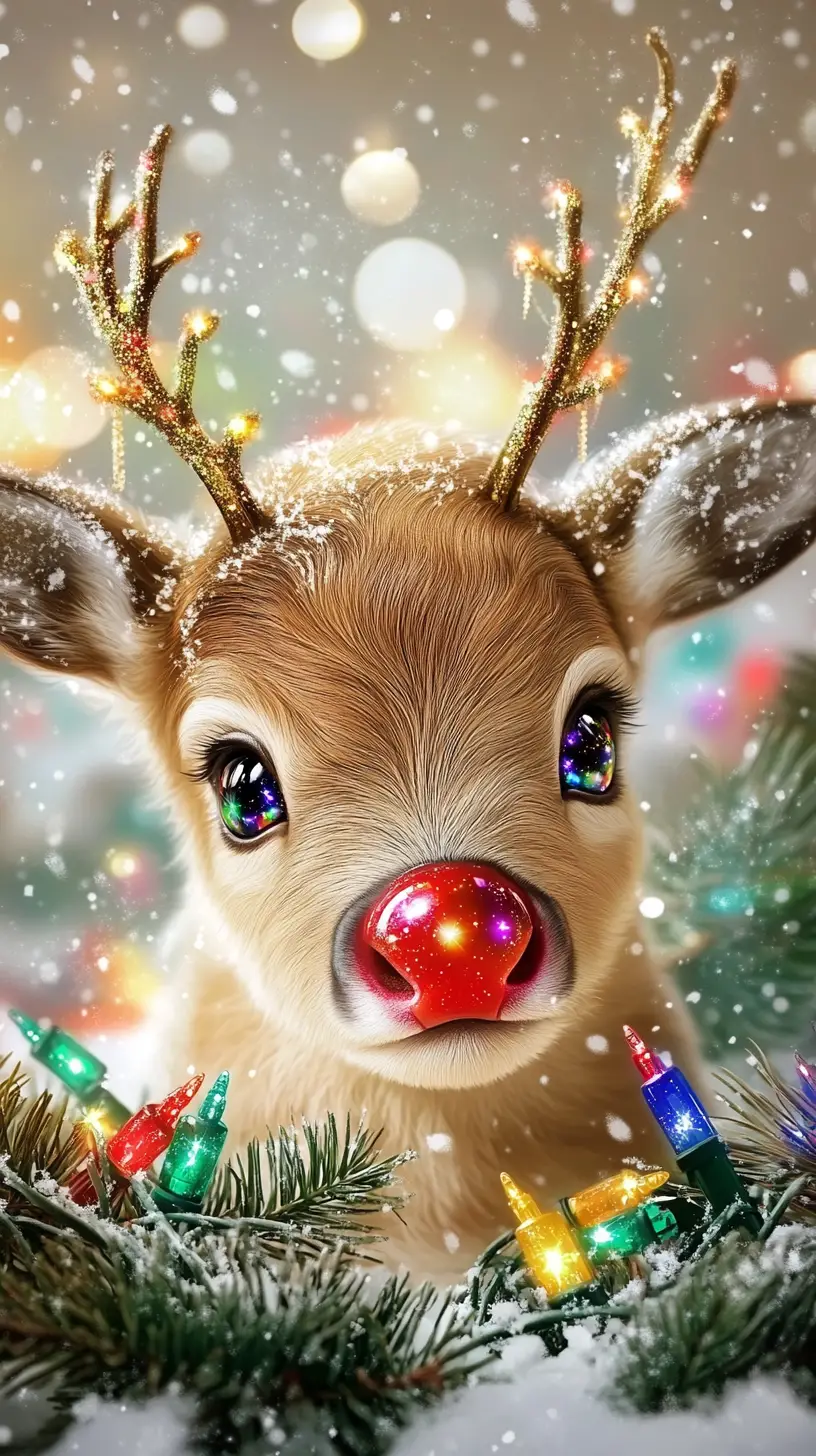 光るクリスマスライトに照らされたかわいい子トナカイのポートレート