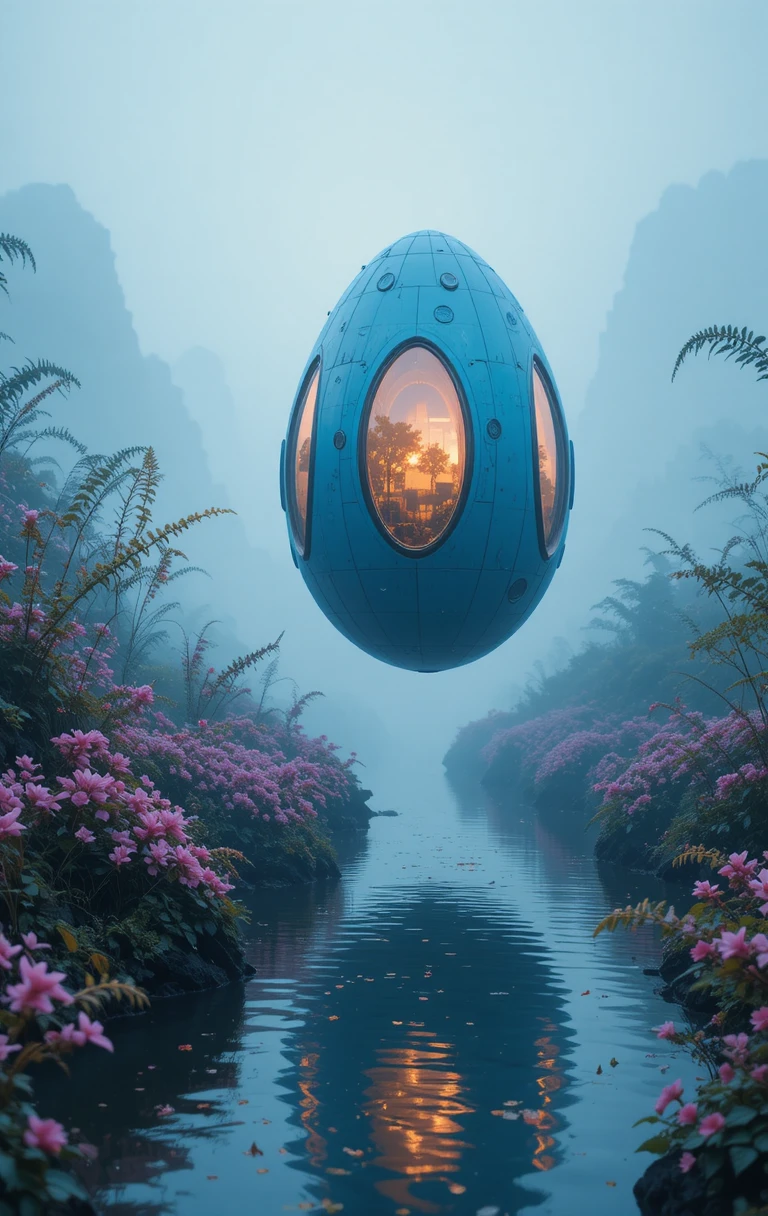 Futuristic Blue Egg House Floating Above Misty River