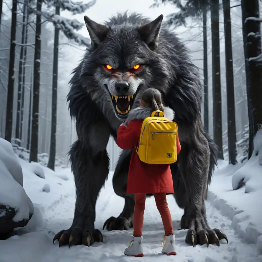 Menacing werewolf looming over girl on snowy forest path
