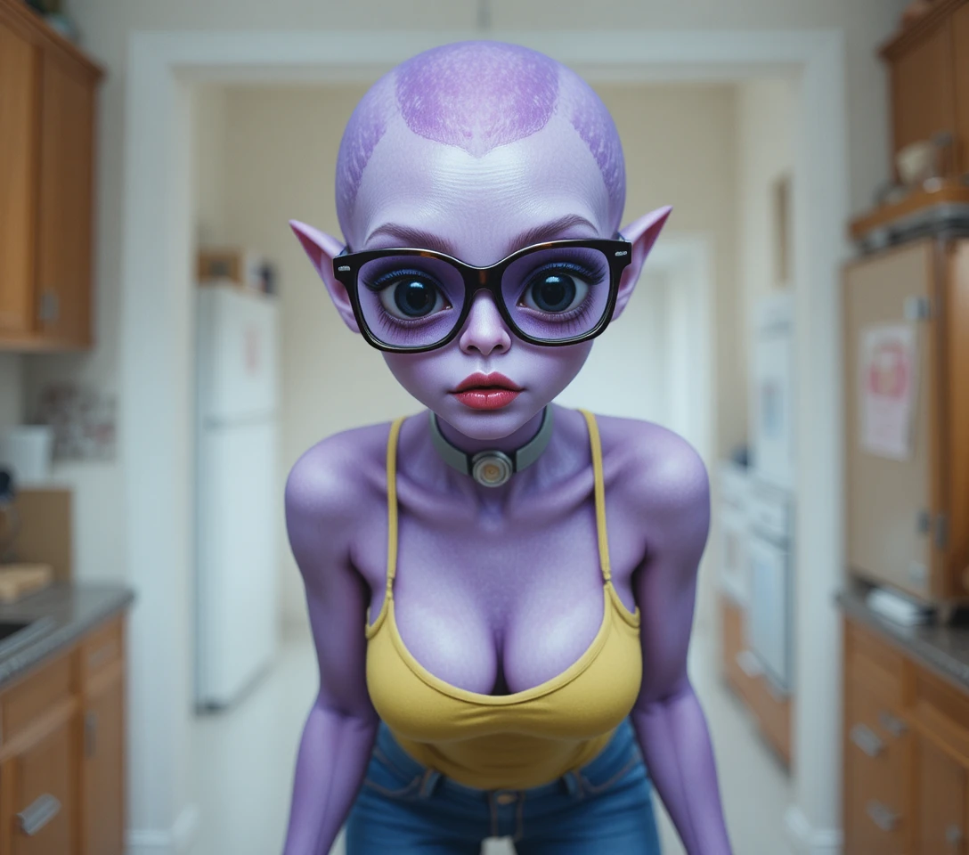 Alienígena morado con mono amarillo en una cocina doméstica