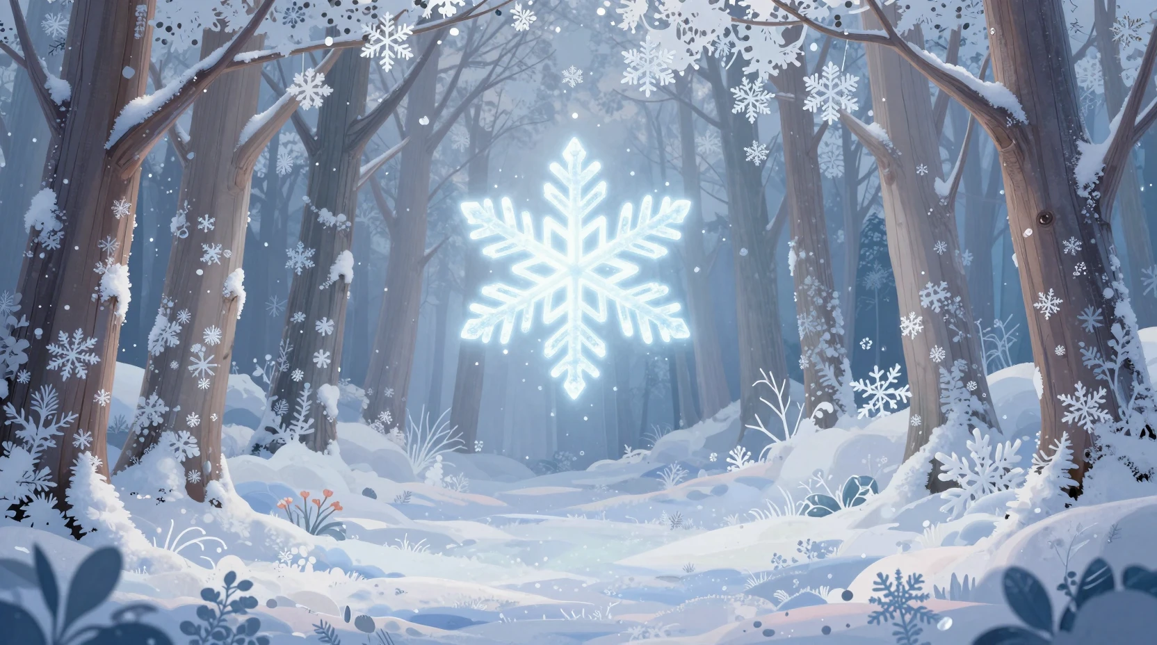 寧靜冬日森林空地中的發光雪花傳送門