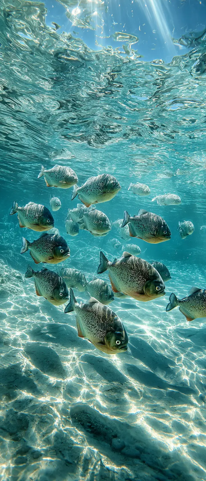 食人魚暢游於晶瑩剔透的水下場景