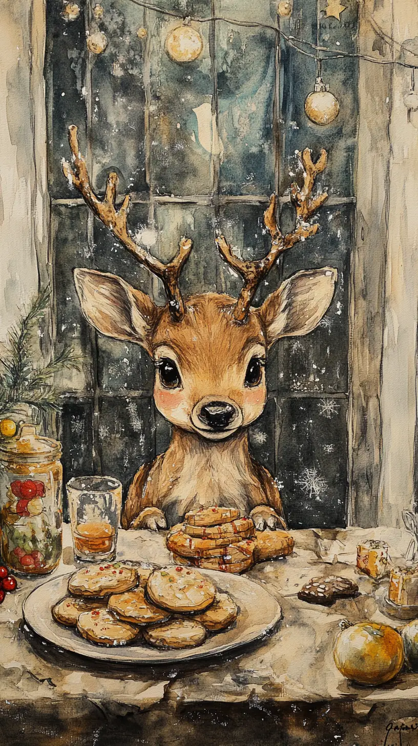 Süßes Chibi-Rentier sortiert Weihnachtsplätzchen in der Küche