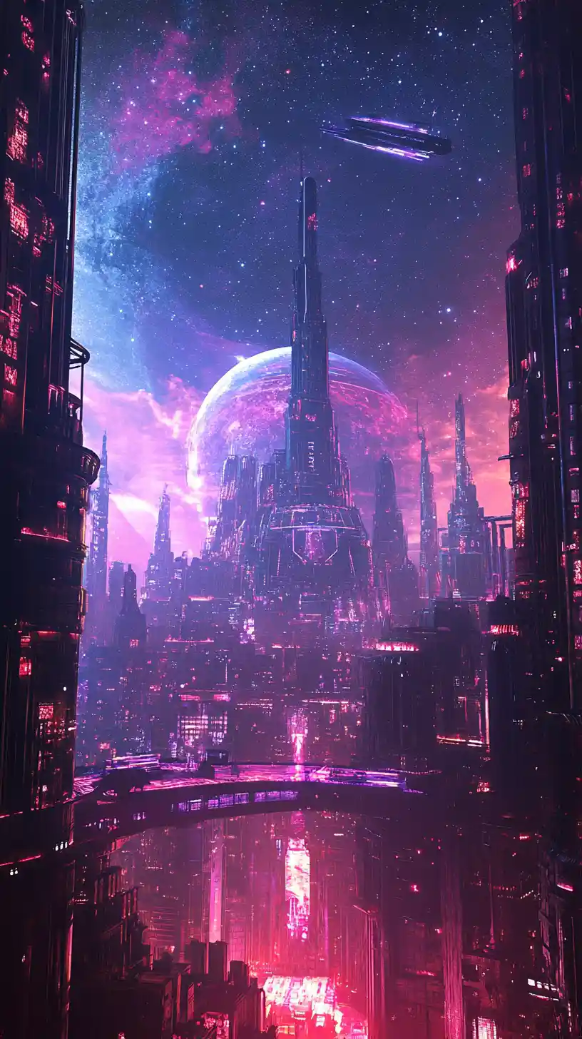 Surreal Neon Palace Merging Into Futuristic Cityscape Night