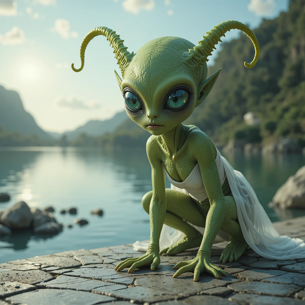 Alien verde malhumorado agachado junto a la orilla de un lago tranquilo