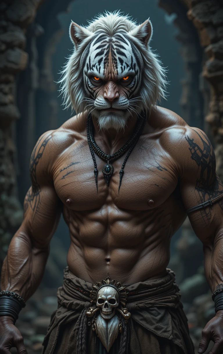 Muscular human tiger hybrid warrior with glowing orange eyes