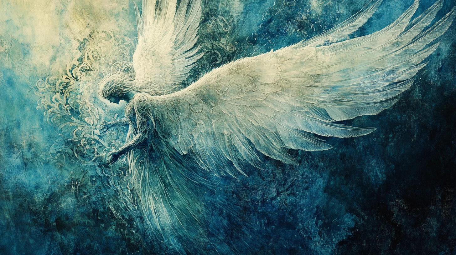 Anjo de luz descendo de um vasto reino celestial
