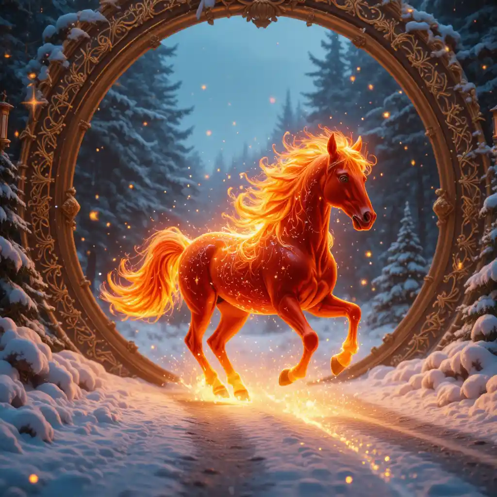 Cavalo mágico em chamas saltando de um portal de feriado brilhante
