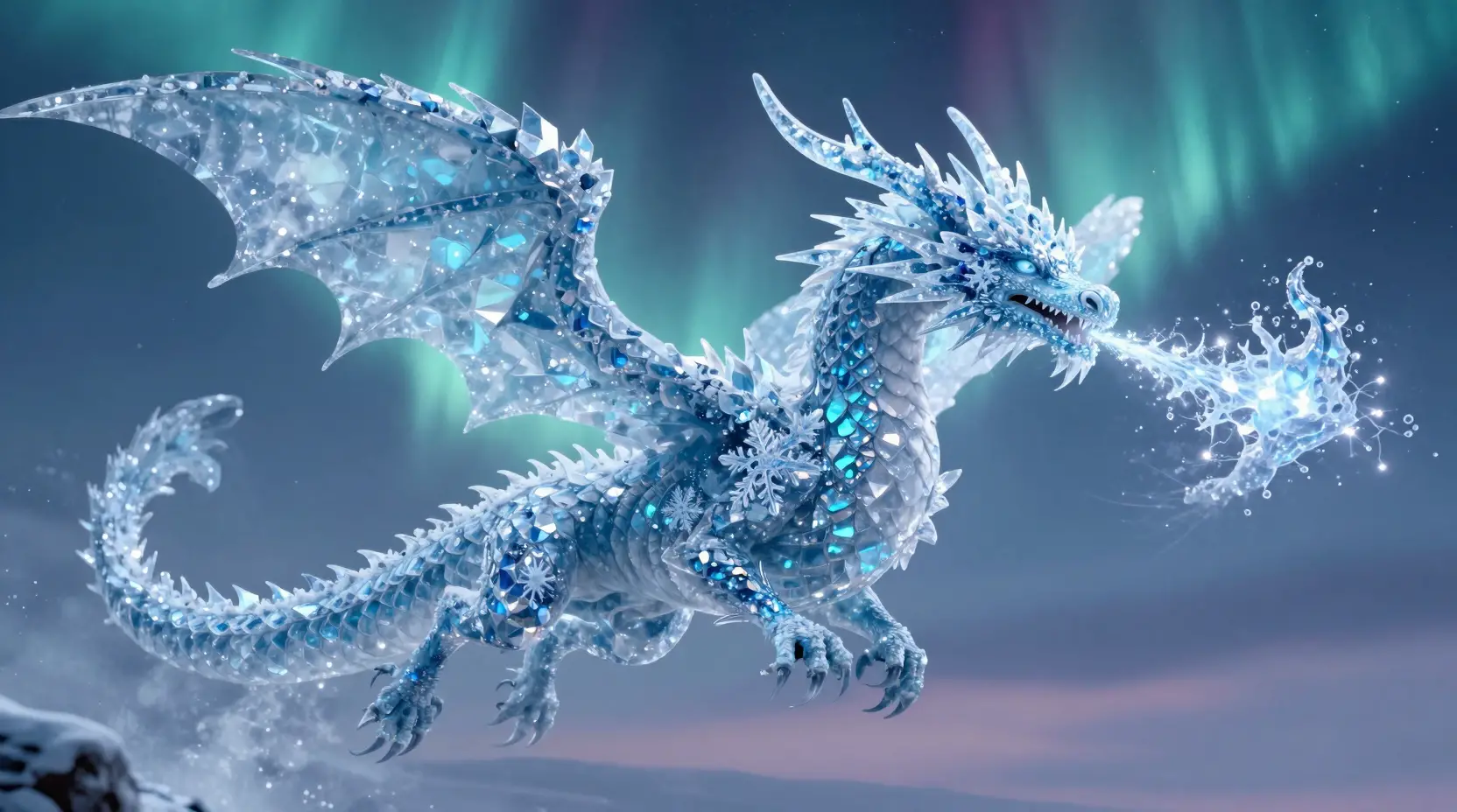 Dragão de gelo voando sob o céu crepuscular com aurora brilhante
