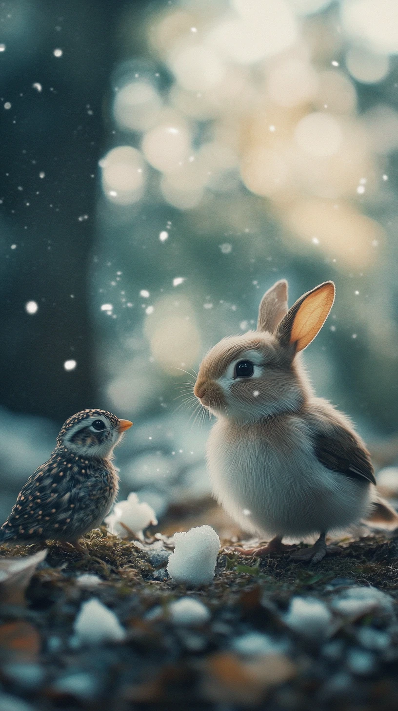 Blanche-Neige dans un monde enneigé magique avec de doux animaux
