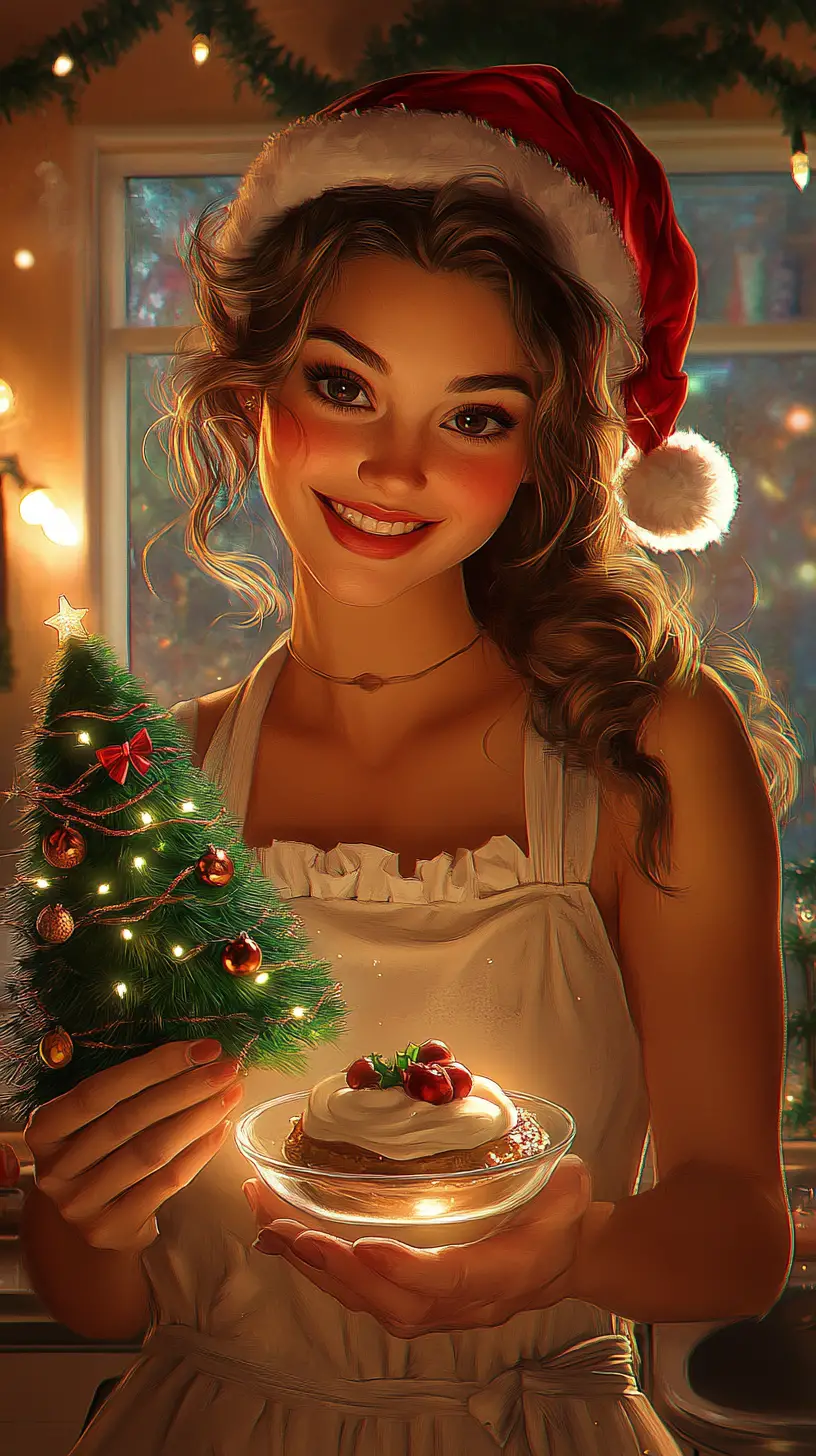Lächelnde Frau mit Weihnachtsdessert in gemütlicher Küche