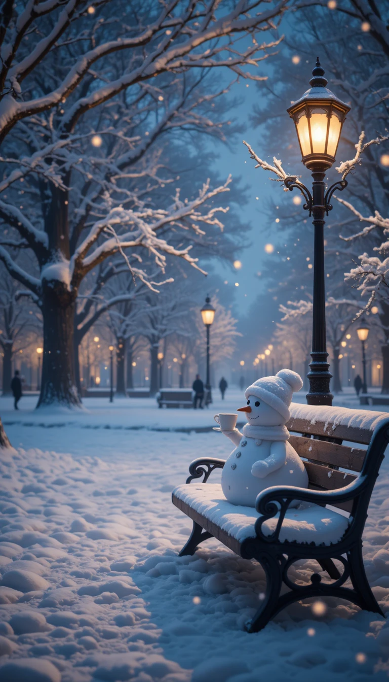 Snowy park bench with snowman under warm streetlight