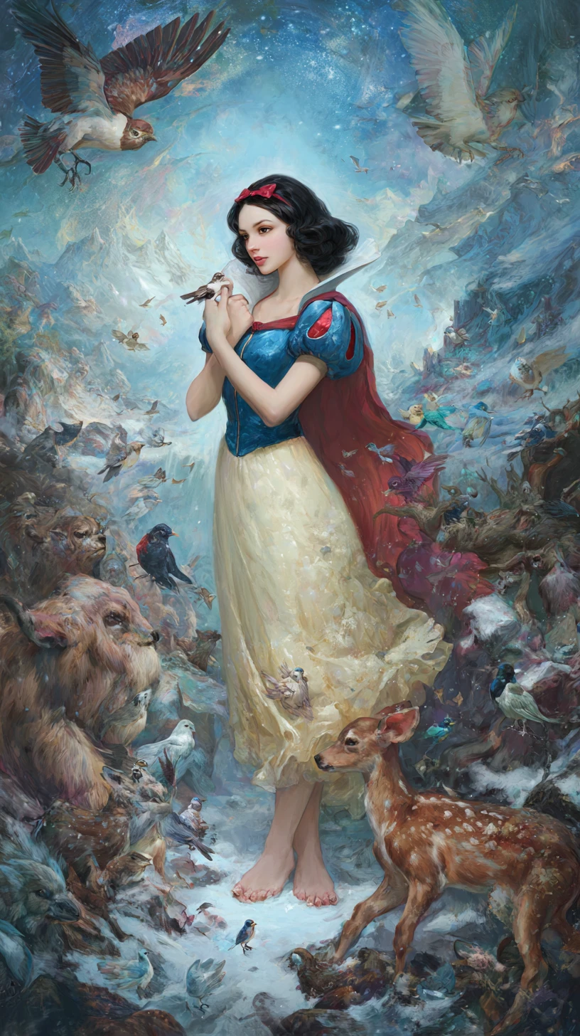 Ragazza fantasy moderna in un mondo innevato con piccoli animali