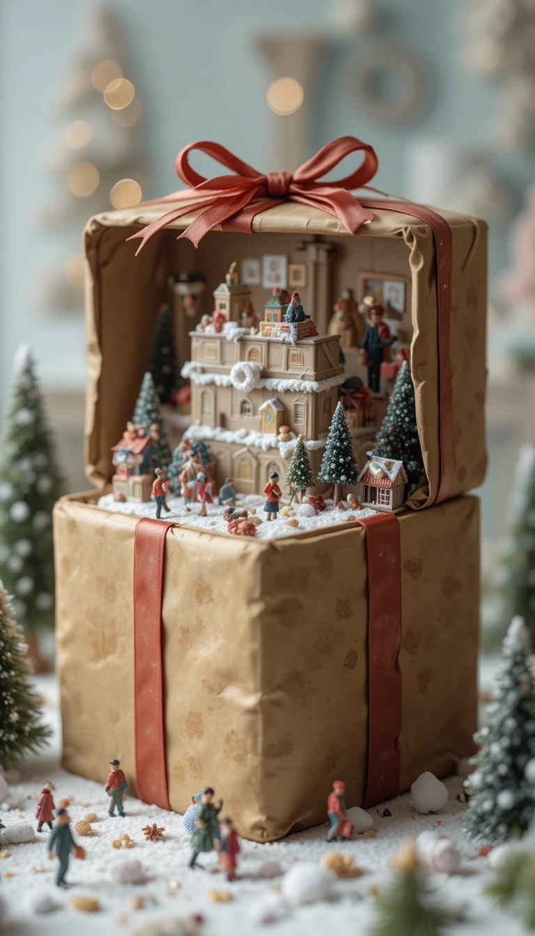 De minuscules personnages explorant un monde de cadeau de Noël géant et emballé