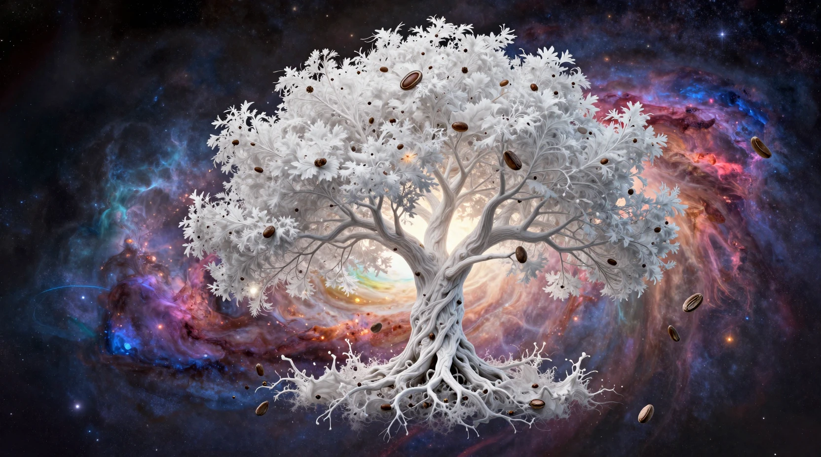 Seme di albero cosmico bianco che illumina polvere di stelle arcobaleno