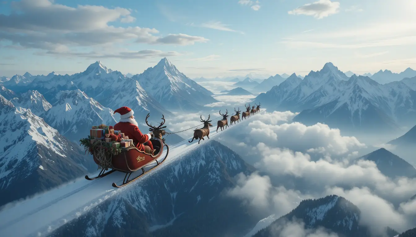 Santa flying over mountain peaks in a helicopter view