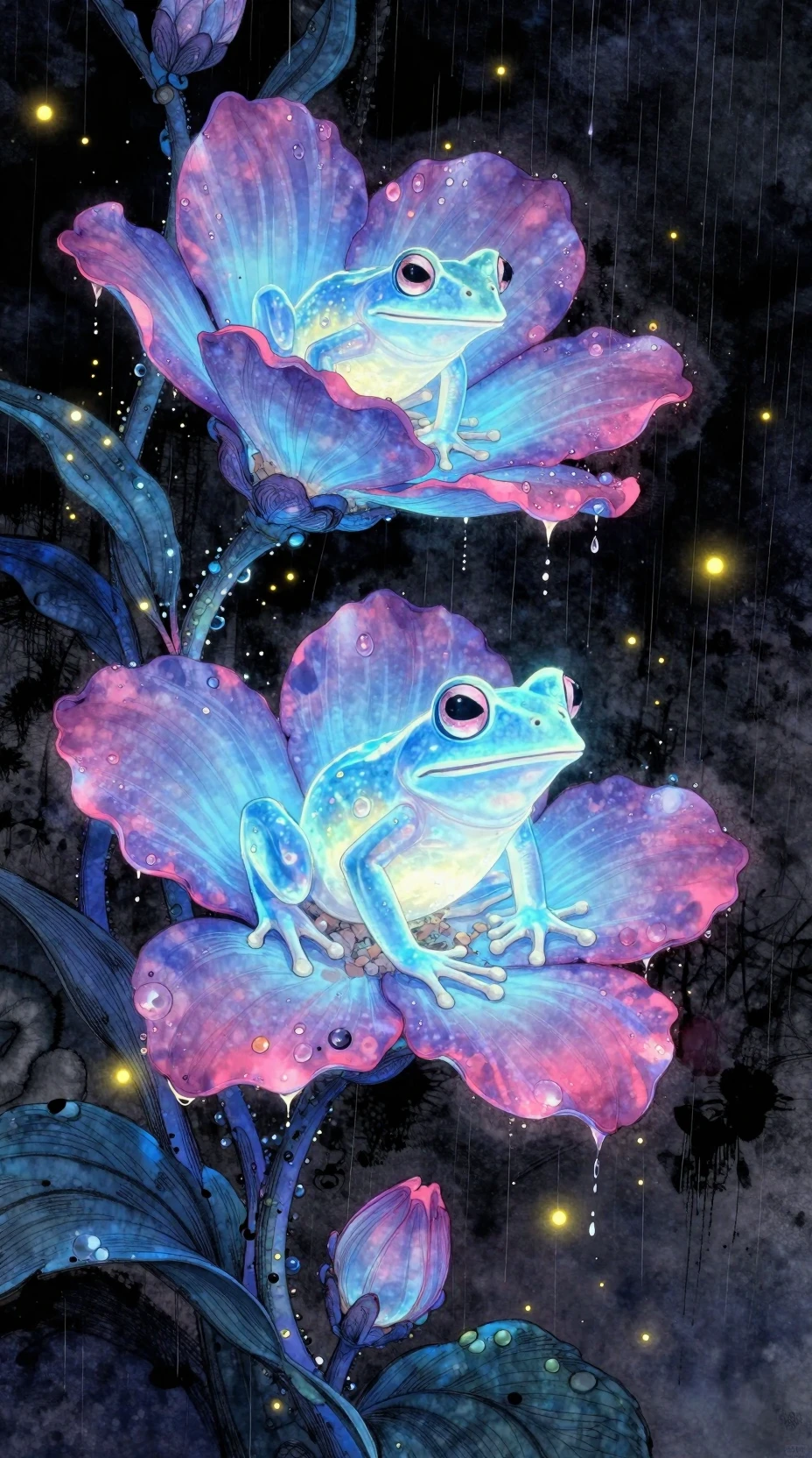 Sapos bioluminescentes aninhados em flores luminosas da meia-noite