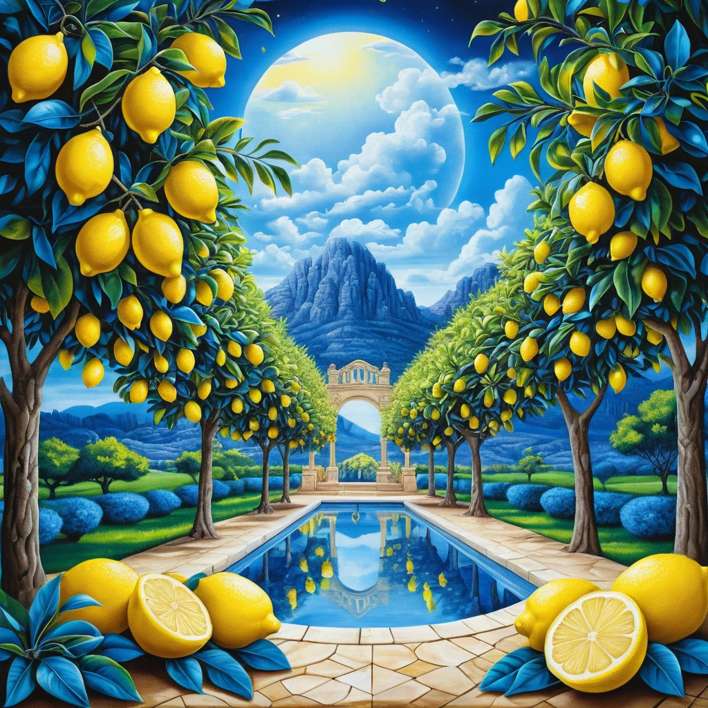 Surreal lemon trees in a glossy blue summer dreamscape