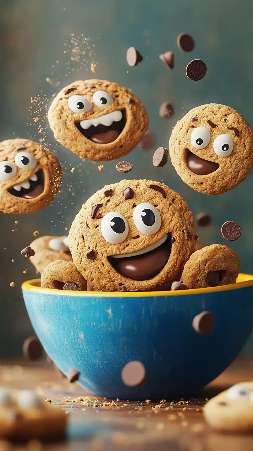Cartoon Chocolate Chip Cookies Jumping From Colorful Bowl