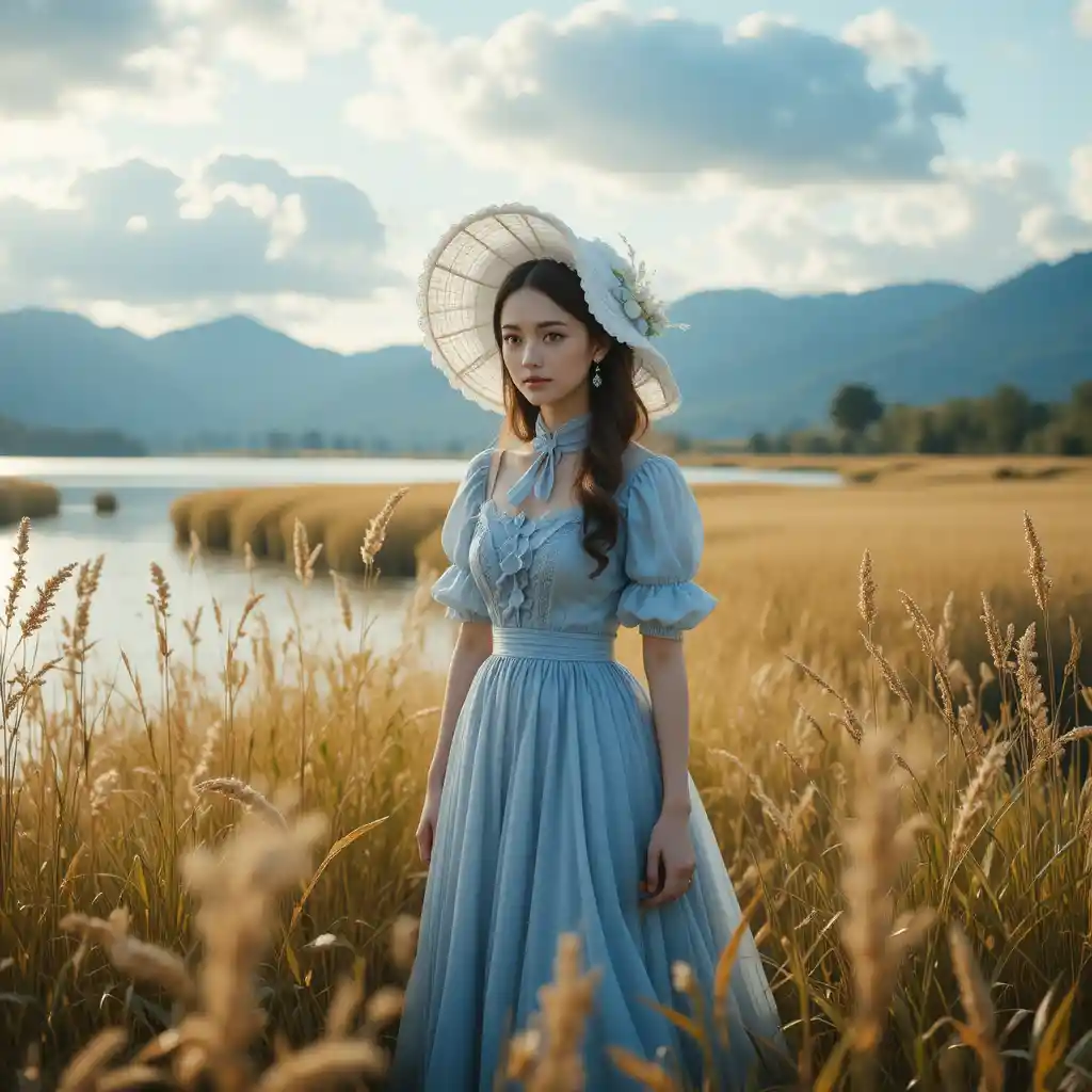 Young woman in blue dress by a golden lakeside