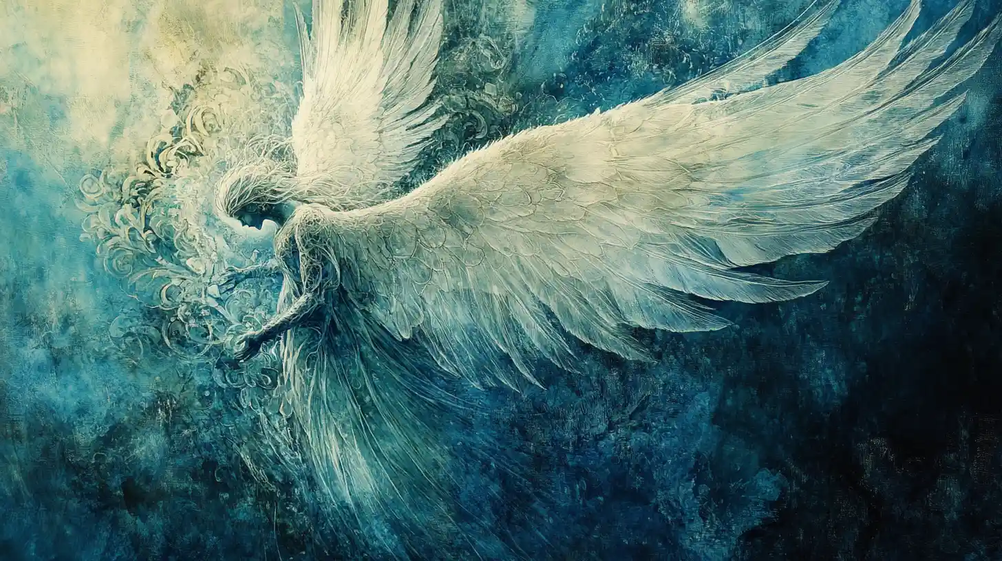 Angel of light descending from a vast celestial realm