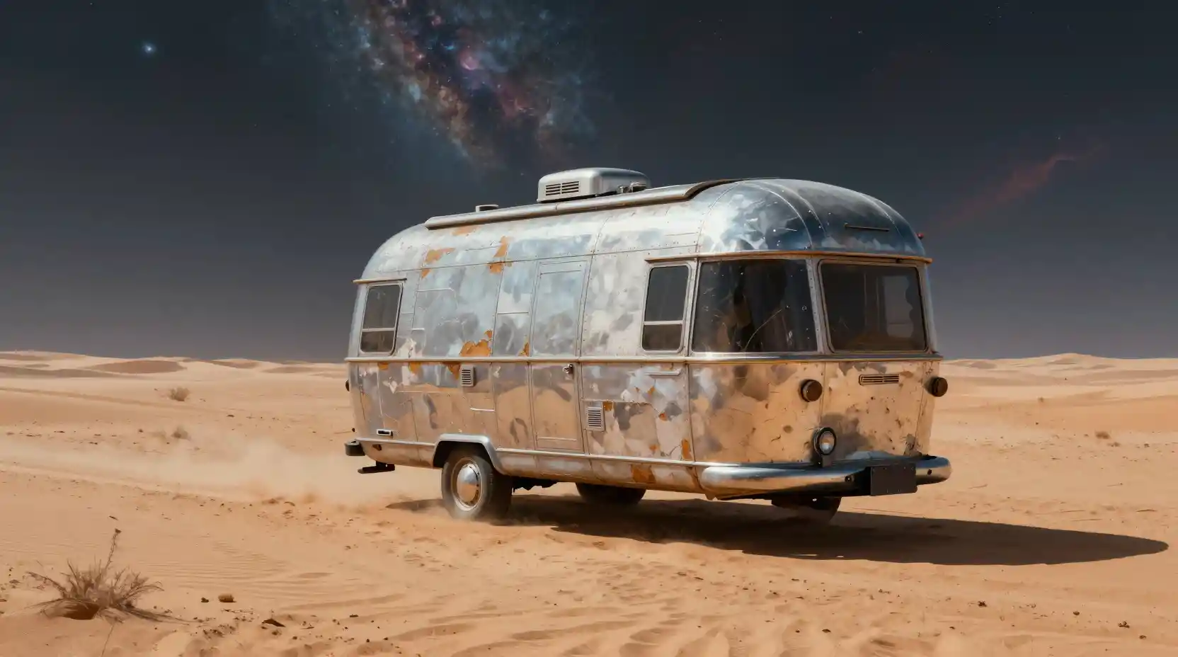 Trailer retrô cruzando um deserto alienígena sob um céu de nebulosas